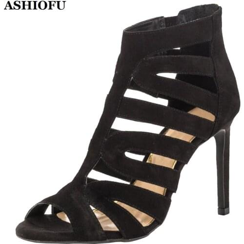 ASHIOFU Ladies Handmade Stiletto High Heel Sandals Faux-suede Party Prom Shoes Peep-toe Evening Fashion Sandals Shoes XD291