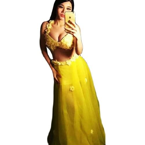 Personality Women Yellow Bra Long Skirt Applique 2-Piece Set Net Yarn Skirt Nightclub Bar Prom Party Outfit Singer Stage Costume