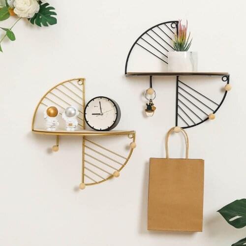 1pc Modern Iron Frame Simple Wrought Hook Fan Shaped Shelf Gold Black Organizer Wall Shelves Home Decor For Living Bedroom