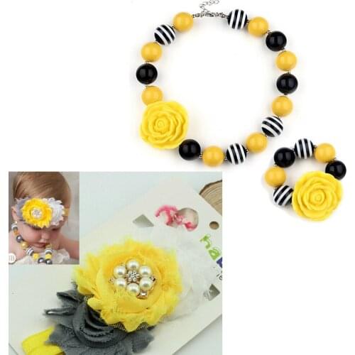 3pcs/set Gifts for Baby Girl 42mm Resin Yellow Flower 20mm Chunky Beads Strand Bubblegum Necklace Bracelet Head band Jewelry Set