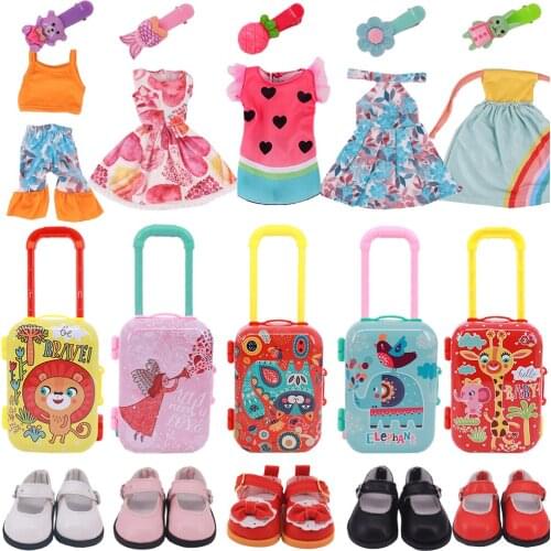8PCS/Set Cool Suitcase Play Set Doll Clothes Shoes Fits 14 Inch Wellie Wishers Doll，EXO Doll,Nancy,Russian DIY Dolls Accessories