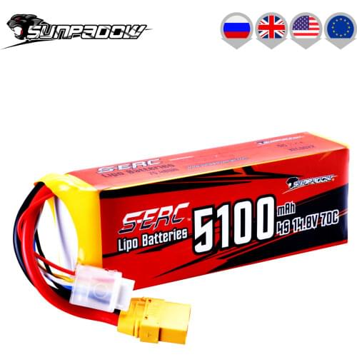 SUNPADOW 4S 14.8V Lipo Battery 5100mAh 70C with XT90 Plug for RC Airplane Helicopter Drone FPV Quadcopter Model Racing Hobby