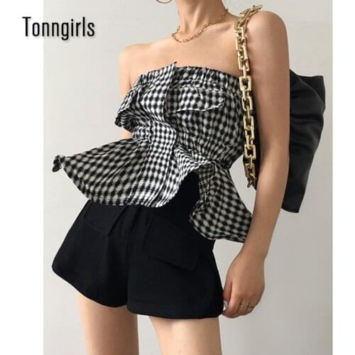 Tonngirls Off Shoulder Blouses Women Vintage Plaid Sleeveless Shirts Korean Tops Ladies Elegant Slim Blouse Ruffles Summer Blusa