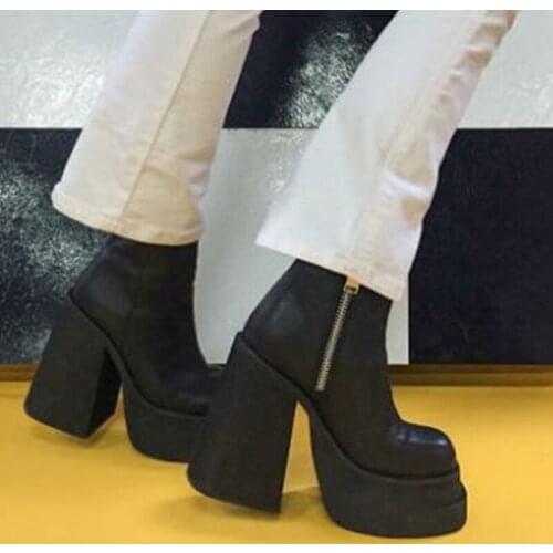 Punk Genuine Leather Women Ankle Boots Side Zipper Chunky High Heels Platform Pumps 2020 Autumn Winter Party Shoes Woman 34-39