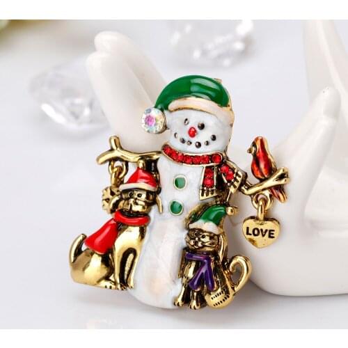 Vintage Golden and Silver Snowman Brooch Cuter Cat and Dog Love Bird Brooches for Women Enamel Green Red Pins Jewelry Crystal