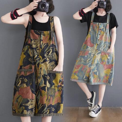 Retro Printed Denim Overalls Womens Jumpsuit 2021 Summer New Style Loose Versatile Crop Jeans Wide Leg Pants Playsuit zh1442