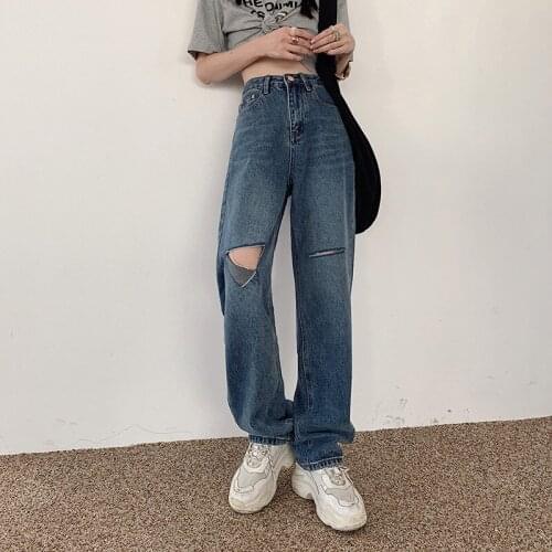 Korean High Waist Straight Womens Pants 2021 Lady Hole Casual Loose Jeans Female Spring Autumn Fashion Vintage Wide Leg Trouser