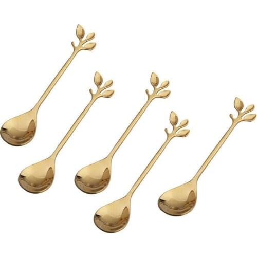 Coffee Stirring Spoon Stainless Steel Creative Branch Leaves Shape Creative Cutlery Dessert Spoon Jam Ice Cream Tea Spoon,Gold(5