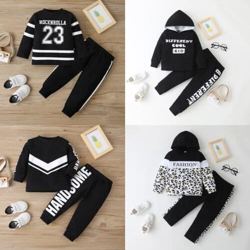 Fashion Cool Winter Fall Toddler Girl Clothes 2pcs Set Letter Leopard Patchwork Long Sleeve Hooded Sweater Tops+trousers 1-6Y