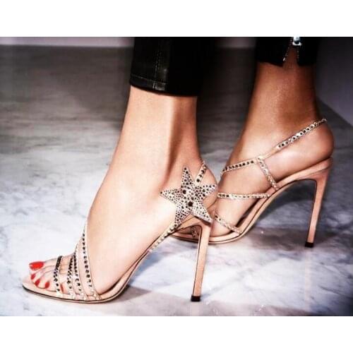 Fashion Woman Bling Crystal Star Decor Sandals Female Open Toe Strappy 8/10 cm Thin Heels Slingback Cuts Out Party Dress Shoes
