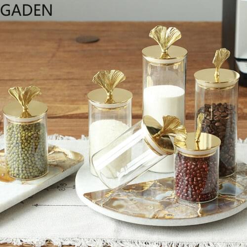 Transparent Glass Candy Jar Ginkgo Leaf Brass Storage Jar with Lid Sealed Bottle Home Decor Kitchenware Cereal Dispenser