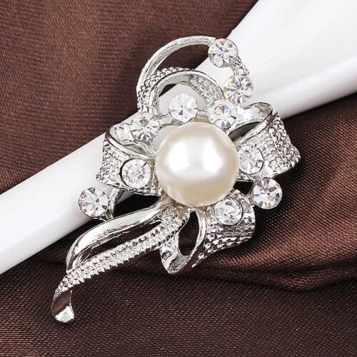 Drop Shipping Elegant Jewelry Diamante Bow Silver Brooch Pin Scarf Dress Decoration Gift YBRH-0254