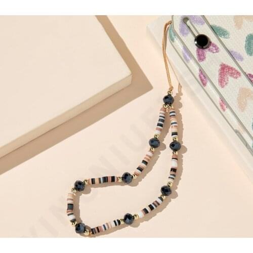 Punki Boho Style Ladies Pearl Letters Beaded Mobile Phone Lanyard Colorful Soft Pottery Smiley Love Stars Accessories Black