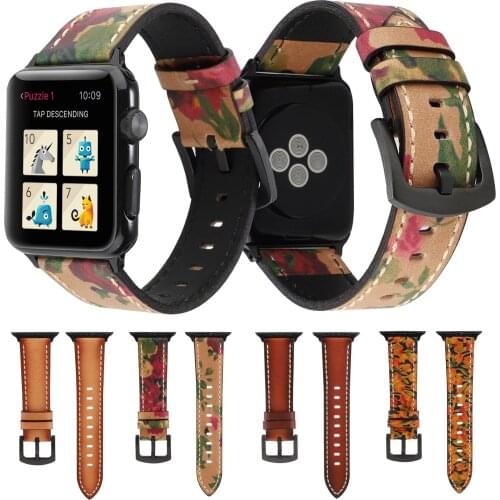 Floral Flower Genuine Leather Strap For Apple Watch Band Series 6 5 4 3 2 1 Retro Cowhide Watchband For iWatch 38/40mm 42/44mm