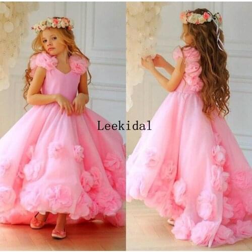 Pink Lovely Flower Girls Dresses Lace Appliques Flowers Kids Formal Wear Lace-up Back Birthday Toddler Girls Pageant Gown Custom