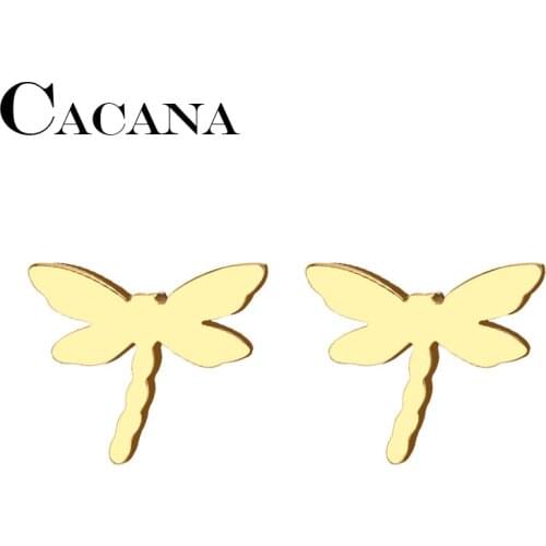 CACANA Stainless Steel Stud Earring For Women Man Dragonfly Gold And Silver Color Lovers Engagement Jewelry Drop Shipping