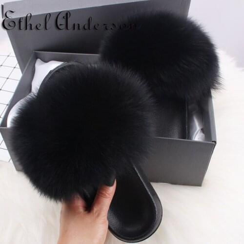 Genuine Fox Fur Slippers Female Flip Flops Multiple Colour Non-slip Woman Shoes Soft Fluffy Plush Designer Sandals Casual