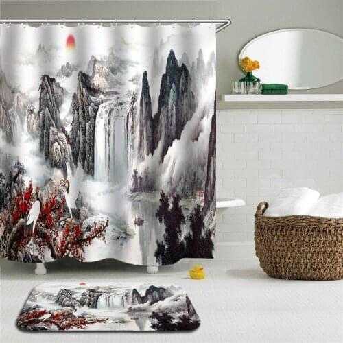 3D Chinese Nature Scenery Polyester Waterproof Shower Curtains With Rectangle Bathroom Non-slip Floor Mat Bath Curtain Set