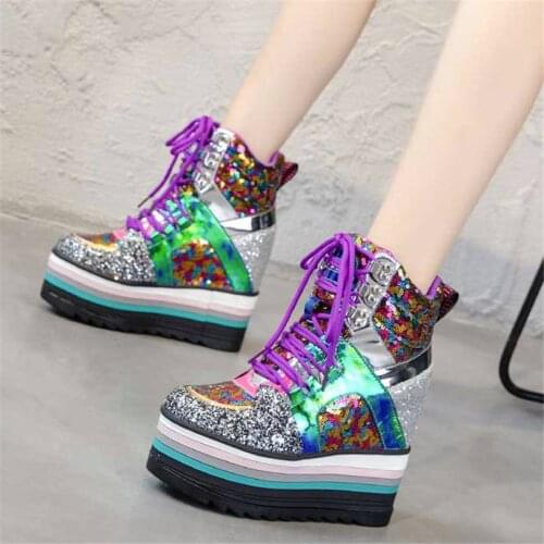 High Top Trainers Women Lace Up Genuine Leather Wedges High Heel Ankle Boots Female Shiny Glitter Round Toe Fashion Sneakers