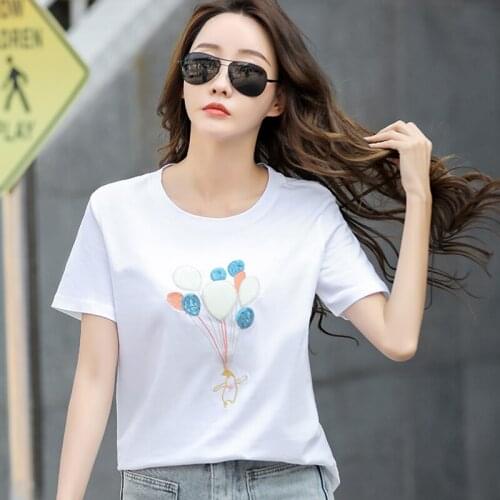Summer T shirt Women 2021 Cute Cartoon Balloon Embroidery O-neck Tops Tee Shirts Femme Short Sleeve Cotton Casual White Top