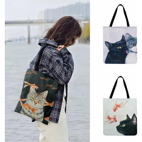 Ladies Shoulder Bag Black Cat Fish Painting Print Tote Bag Cartoon Kitten Women Casual Tote Outdoor Beach Bag Shopping Bag