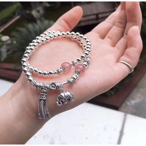 Sterling S925 Silver Bracelet Womens Strawberry Crystal Beads Elephant Flower Link Tassel 16cmL