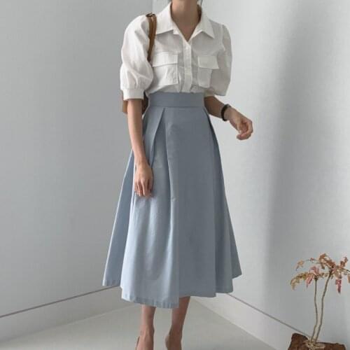 Casual Office Womens Summer Two Piece Sets White Half Sleeve Turn Down Collar Blouse Shirt + Blue Hight Waist Draped Skirt Suit