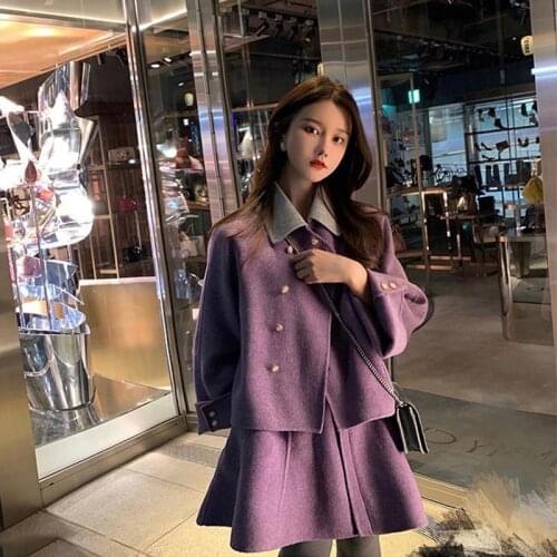 JuneLove Womens Winter Warm Sets Sweet Style Vintage Single Breasted Woolen Coat With Sleeveless Dress Casual Two-Pieces Suits
