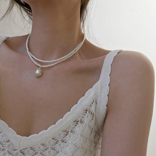 European and American summer new fashion simple double layer pearl water drop sexy temperament womens versatile Pendant Necklac