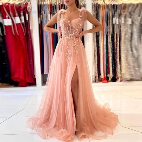 Pink Simple Casual Women Dress Spaghetti Strap Floor Length High Split AppliqueTulle A-Line Party Dress Prom Dress Custom Made