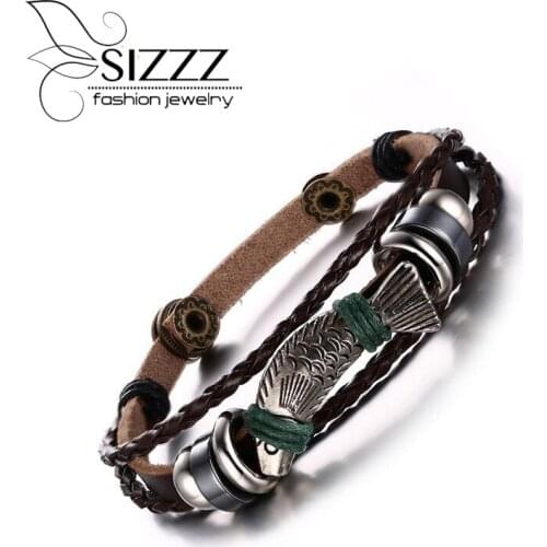 2016 new men leather bracelets&bangles fish pattern 22cm length charm leather rope bracelets for men jewelry