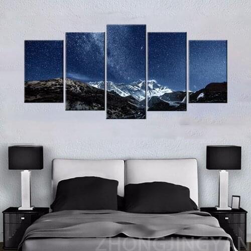 5 Piece Blue Giclee Canvas Prints Wall Art Starry Night Sky Over Snowy Mountain Pictures Painting for Living Room Bedroom Home O