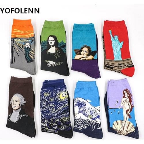 6 Pairs/Lot Mens Casual Combed Cotton Socks Retro Oil Painting Crew Socks Women Funny Spring Happy Oil Socks Sokken Calcetines