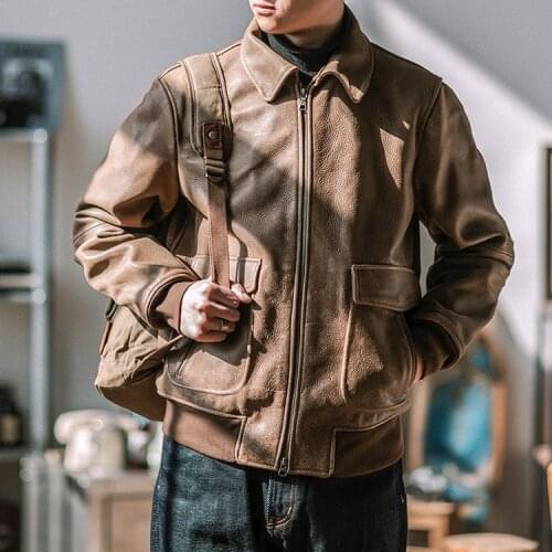 Free shipping.Classic vintage A2 genuine Leather coat.Air Force bomber Cattle hide jacket.men brown quality leather clothes
