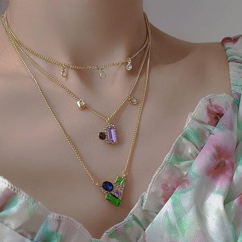 Origin Summer Multicolor Multi-layer Love Heart Geometric Square Rhinestone Pendant Necklace for Women Chain Necklace Jewelry