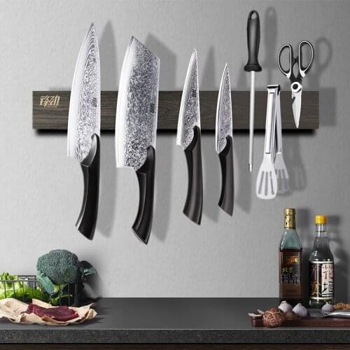 30 40 46 cm Wood Magnetic Knife Holder Wall Mount Punch Self-adhesive Kitchen Knife Rack Powerful Magnet Knives Strip Block