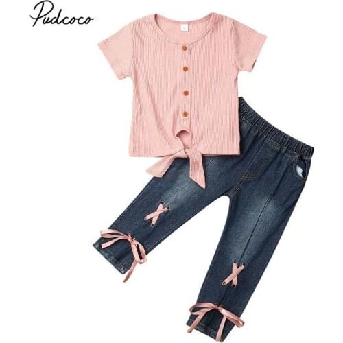 2019 Baby Summer Clothing Toddler Kid Baby Girl Clothes Ribbed Shirt Top Bandage Denim Pants Jeans Leggings Outfit 2PCS Set 1-5T