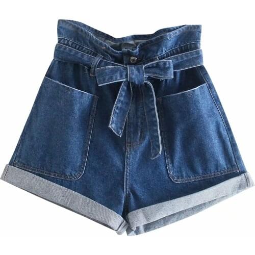 Dave&Di Vintage Washed Mom England High Waist Pockets Loose Sashes Casual Short Feminino Denim Bermuda Women Short
