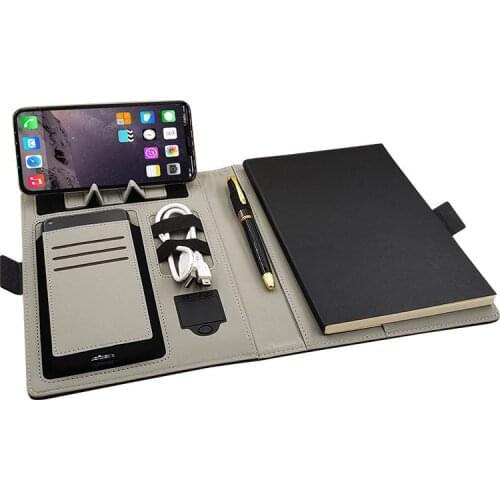 PU Leather Padfolio Portfolio Binder Business Cards Document Organizer Multi Function Power Bank Wireless Charger for iPhone
