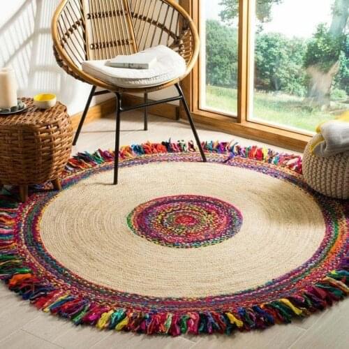 Rug 100% Natural Jute & Cotton Bohemian Reversible Round Area Dhurrie Carpet Rug Bedroom Decor