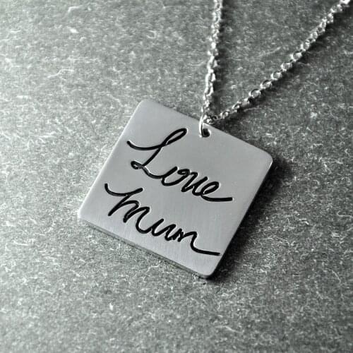 Square Memorial Necklace, Personalized signature pendant,Handwriting Jewelry,Handwriting Necklace