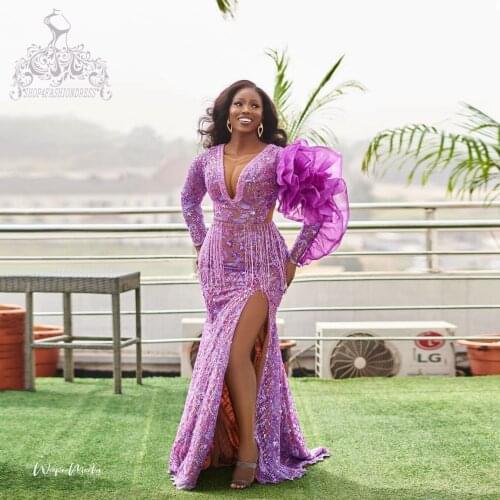 Light Pruple Flower Lace Prom Dresses 2021 Floor Length Unique Ruffles Sleeve Tassel Beaded Mermaid Prom Gown Formal Party Dress