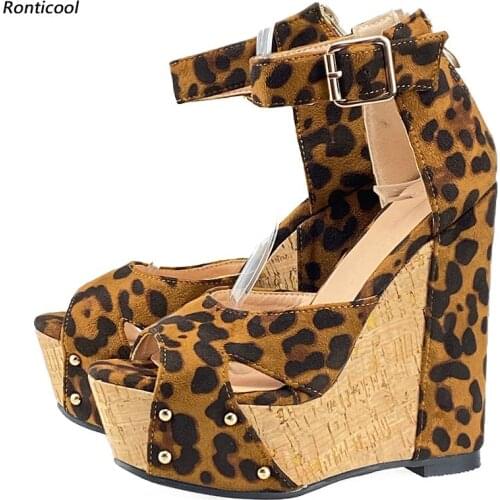 Ronticool New Arrival Womens Sandals Ankle Strap Wedges High Heels Open Toe Gorgeous Leopard Night Club Shoes US Plus Size 5-20