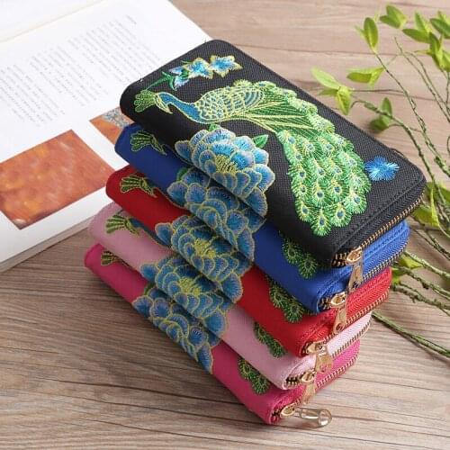 New Womens Double-sided Embroidery Coin Purse Ethnic Style Peacock Wallet Zipper Clutch