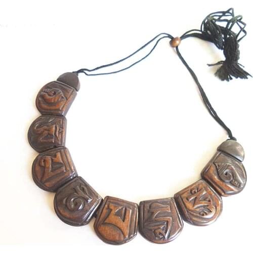 TNL194 Tibetan Yak Bone Carved Six Words Mantras Amulet Statement Choker Necklace OM MANI PAD ME HUM