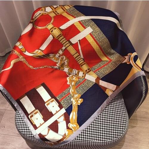 2021 Summer Sunscreen High-Grade Satin Shawl Popular Kerchief Female Fine Chain Print Silk Scarf Fashion 90X90CM Square Bandana