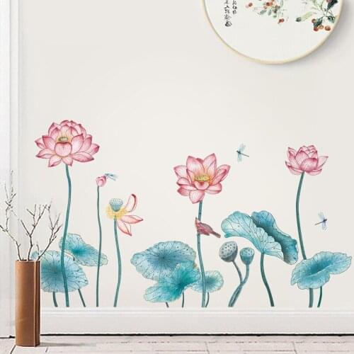 Large Color Lotus Flower Sticker Chinese Style Wall Stickers For living room Bedroom TV background room decoration 60*90cm