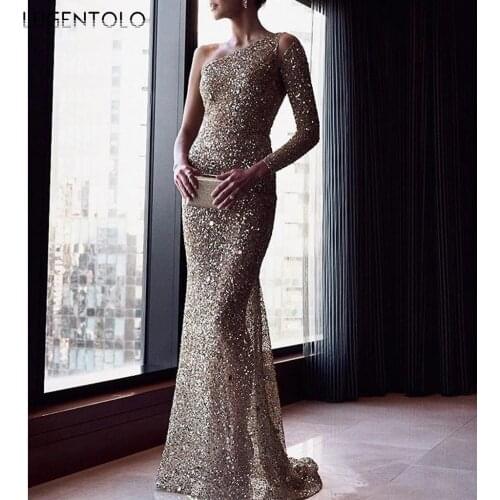 Party Slim Dress Sexy One-shoulder Bronzing Shiny Dresses Ladies Diagonal Collar Dinner Fashion Long Dress Lugentolo