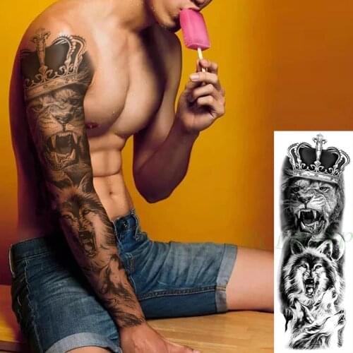 Waterproof Temporary Tattoo Sticker Crown Roaring Lion Wolves Big Animal Full Arm Fake Tatto Flash Tatoo for Men Women