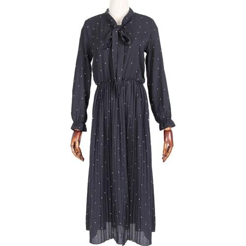 Female clothing Long dress dress with long sleeves vintage clothes Black pleated polka dots korean fashion Long skirt women